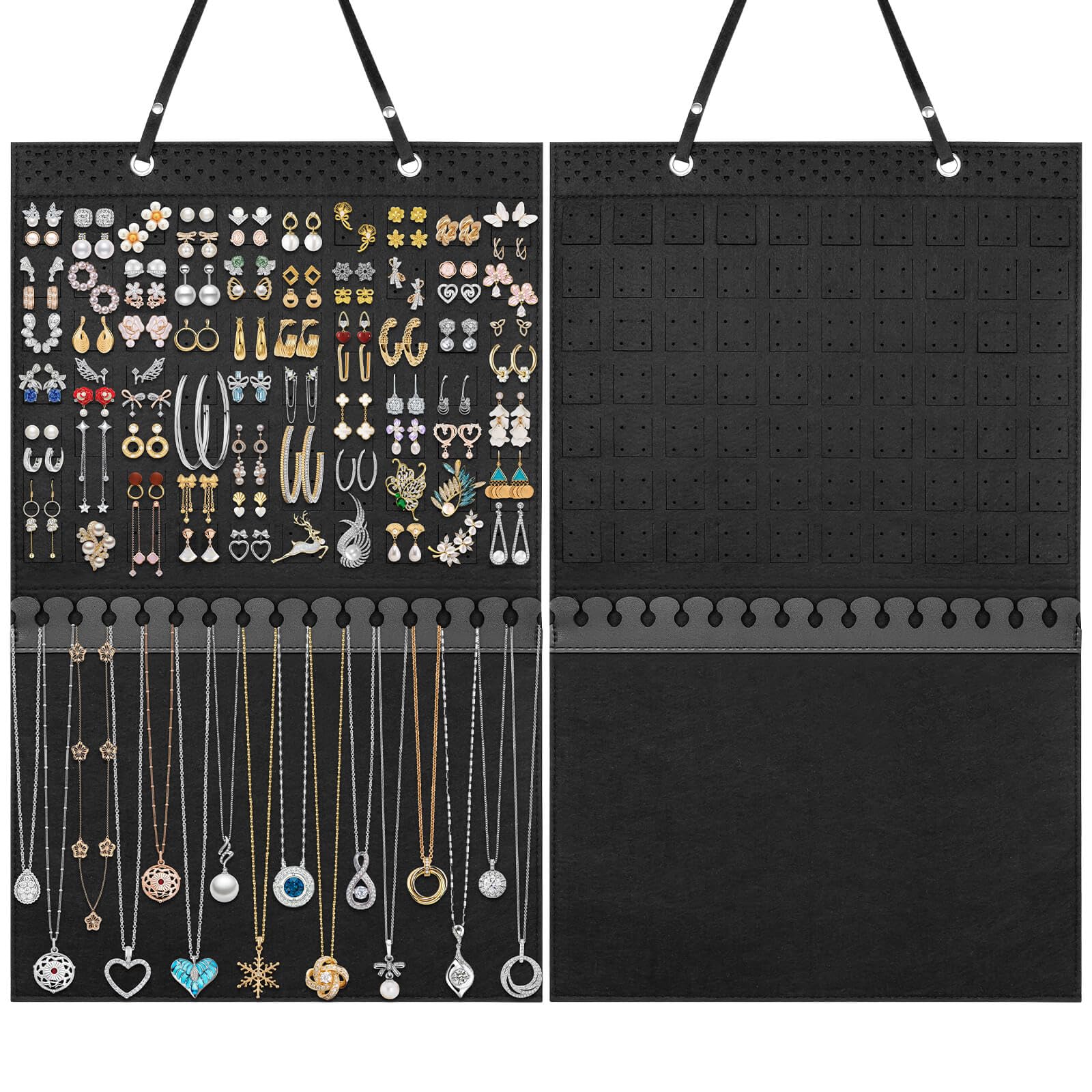 HASTHIP® Hanging Jewelry Holder, Large Earrings Organizer Storage for Earrings, Necklaces, Bracelets, Enamel Pins and Ankles, Jewelry Display Storage Hanger for Wall, Closet and Door - Black HASTHIP® Hanging Jewelry Holder, Large Earrings Organizer Storage for Earrings, Necklaces, Bracelets, Enamel Pins and Ankles, Jewelry Display Storage Hanger for Wall, Closet and Door - Black